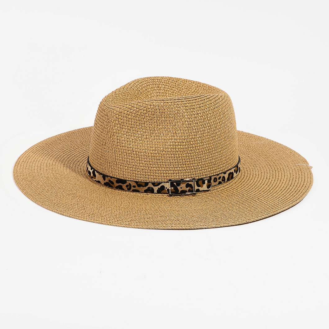 STRAW LEOPARD STRAP FLOPPY SUN HAT